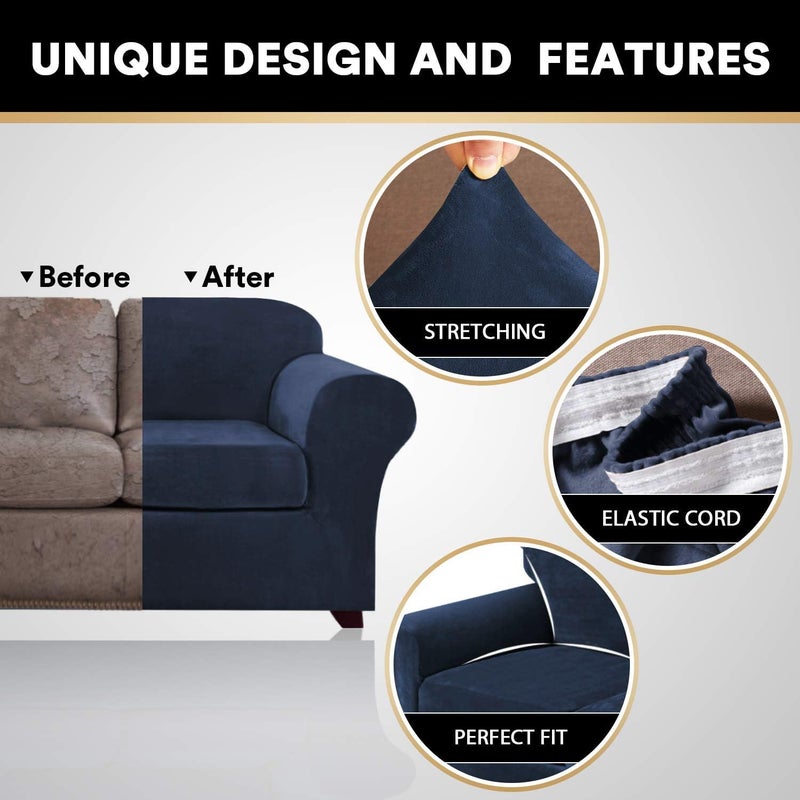 PrinceDeco Velvet Couch Covers for Sofa Soft 4 Pieces Couch Covers for 3 Cushion Couch Sofa Pet Friendly Furniture Protector with Non Slip Elastic Bottom Width Up to 90 Inch (Large, Navy) - Image 3